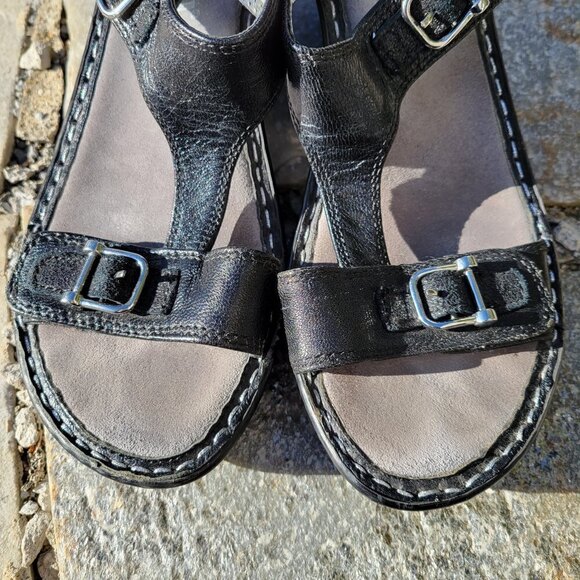Alegria Black Leather Buckle Lara Pewter Slip On Wedge Heel Sandals Size 37 - Picture 5 of 11